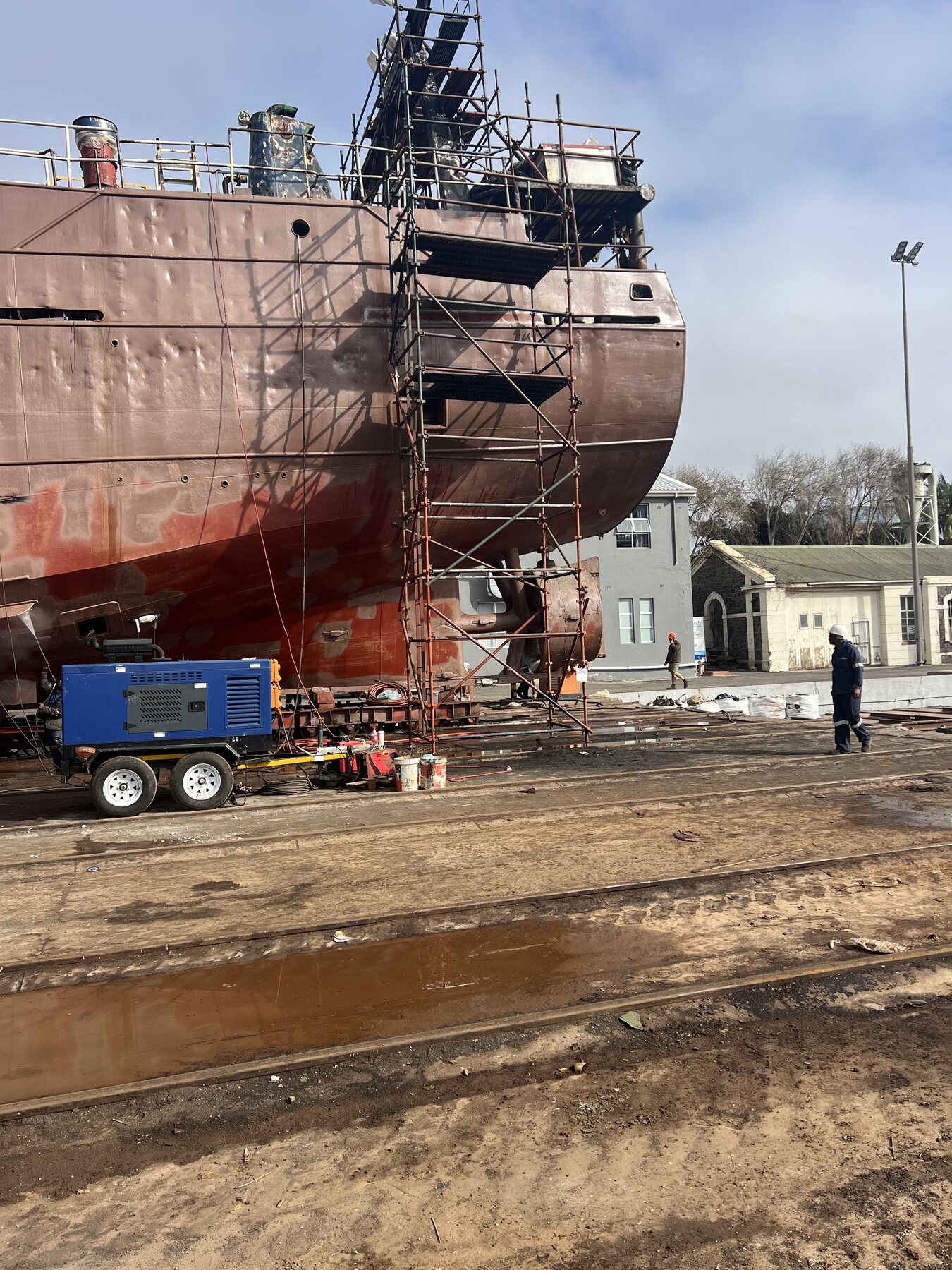 Vessel-side scaffolding erected for hull plate renewal work