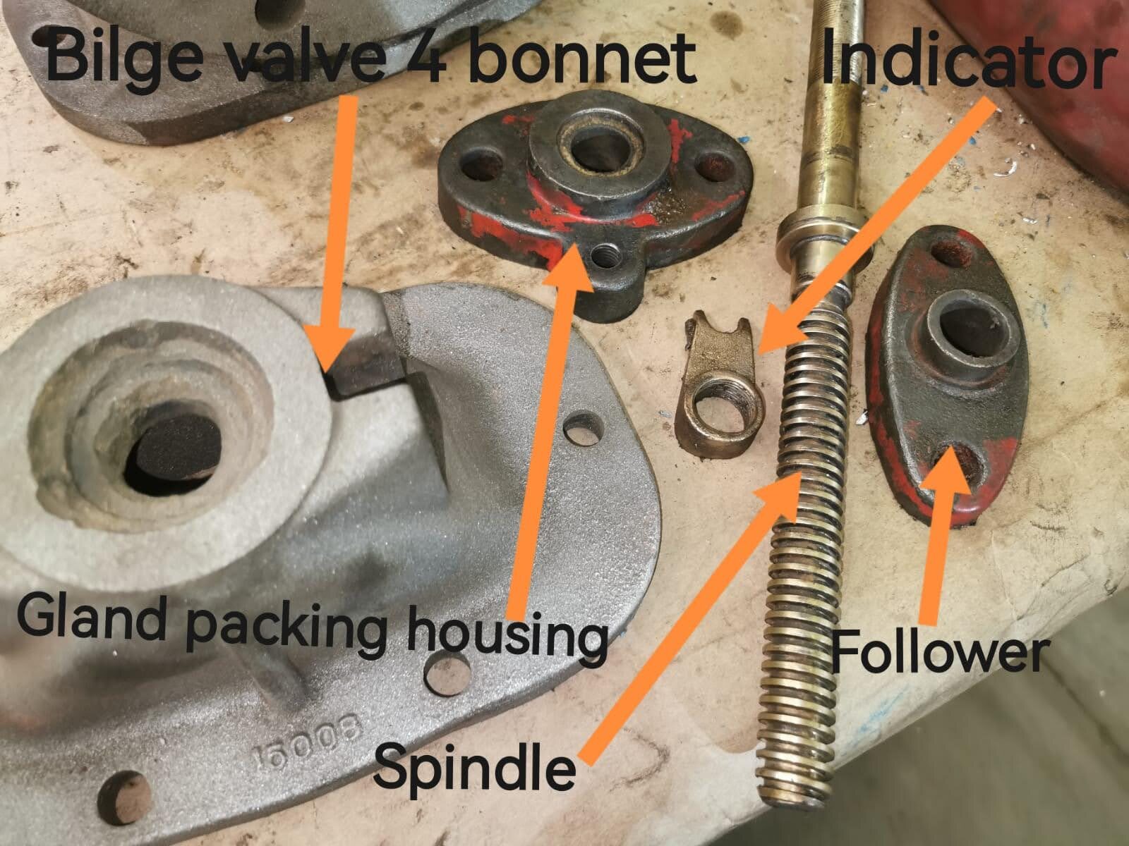 Bilge valve bonnet, spindle, follower and gland components identified for inspection
